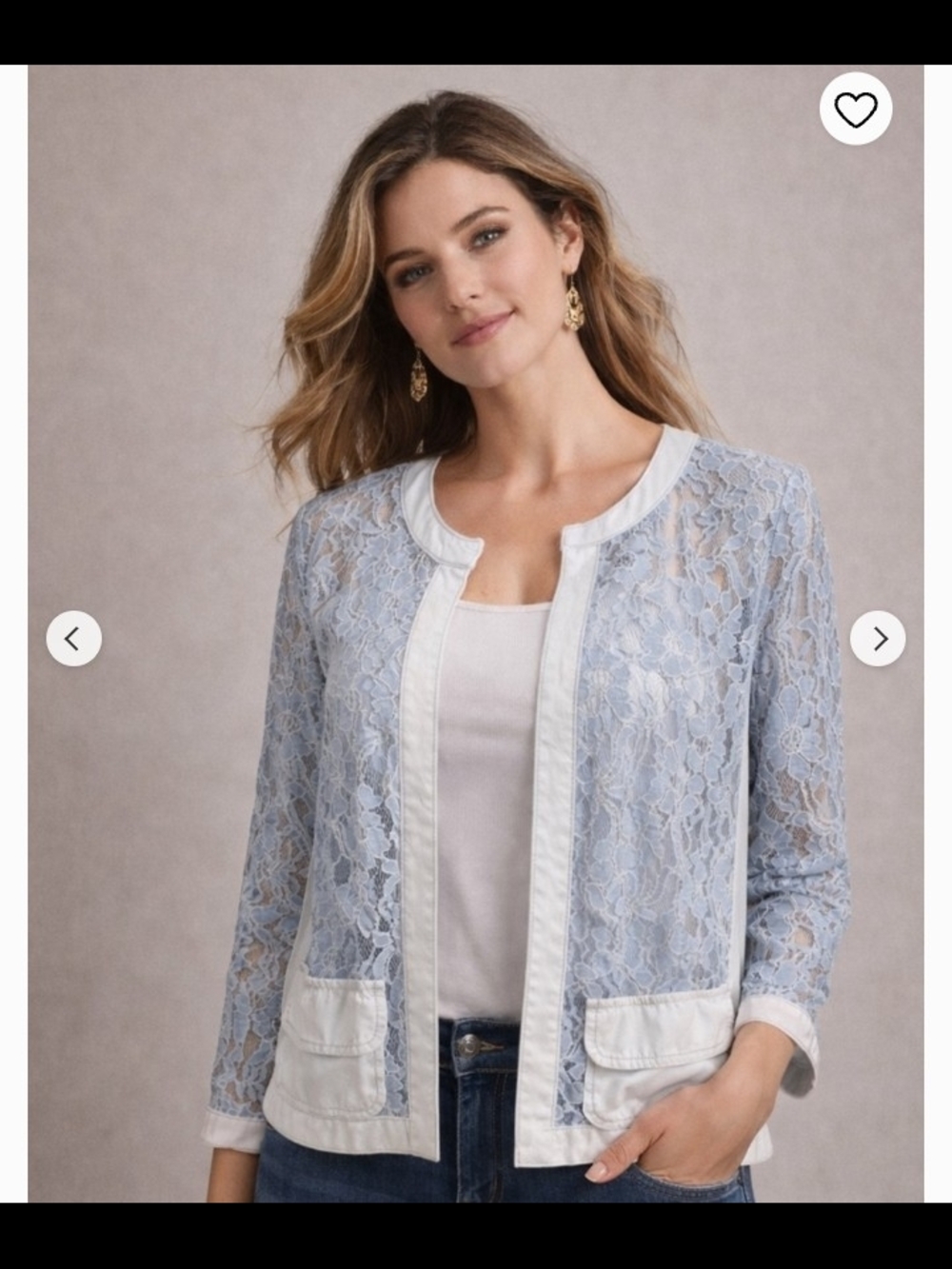 Chico's Chambray Denim Pale Blue Lace Open-front Women's Cardigan Size 4